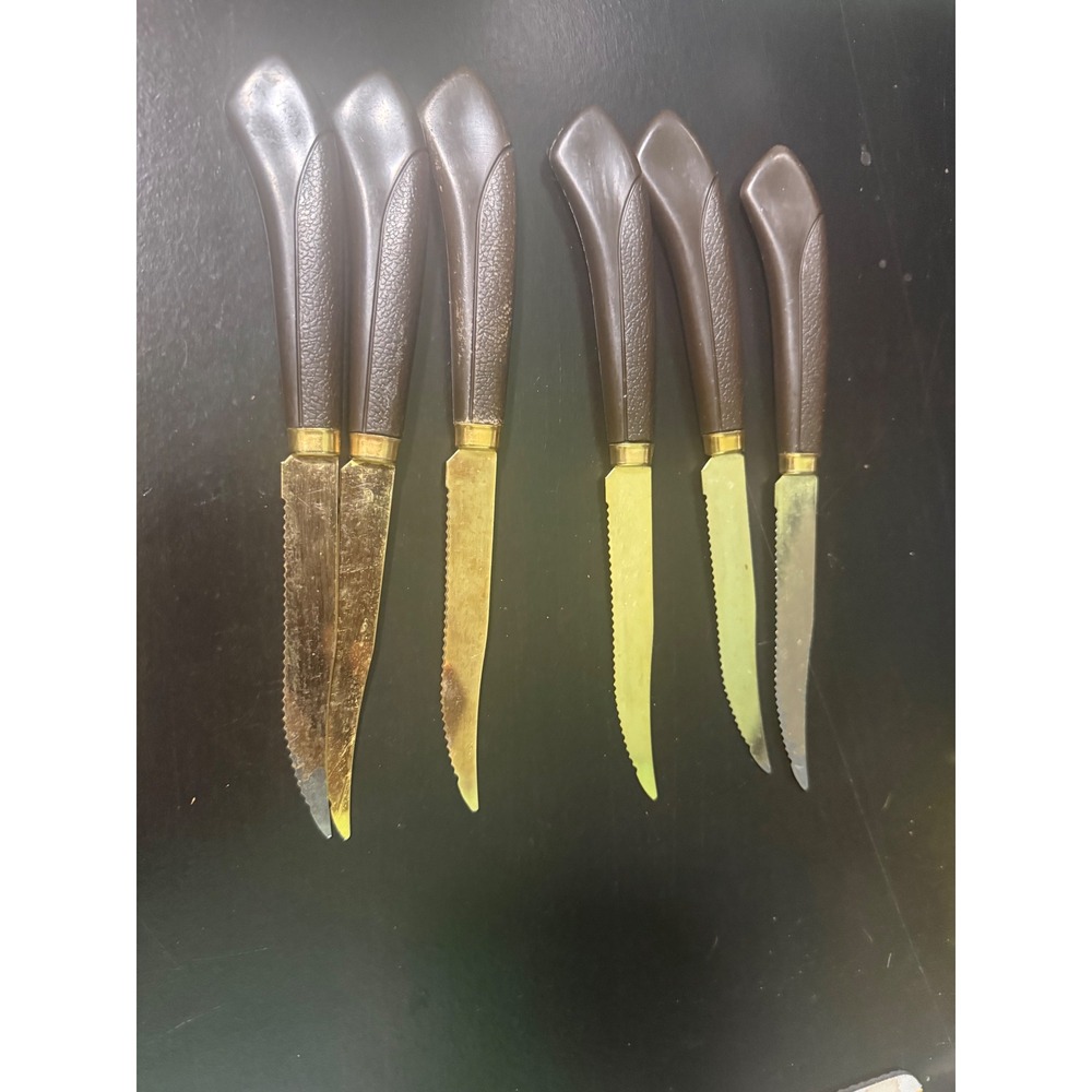 Vintage Quikut Steak Knife Set 6 Piece Gold Tone Stainless Steel Brown MCM USA